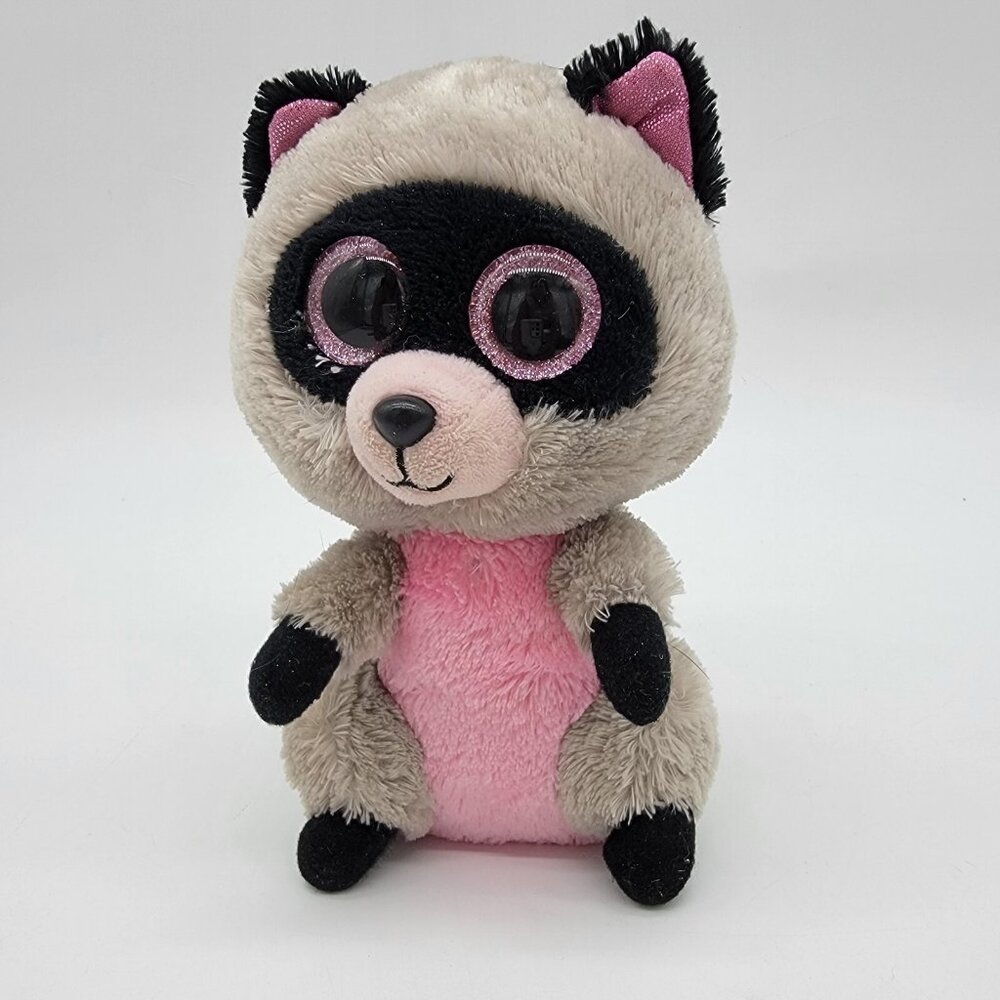 Ty Beanie Boo Rocco the Raccoon Plush 7" Stuffed‎ Animal Toy Gray & Pink Ear